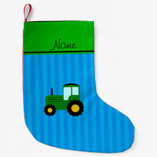 Personalized name green tractor blue stripes small christmas stocking