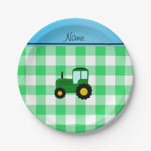Personalized name green tractor green checkers paper plate