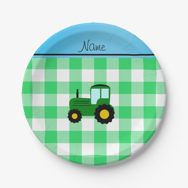 Personalized name green tractor green checkers paper plate (Front)