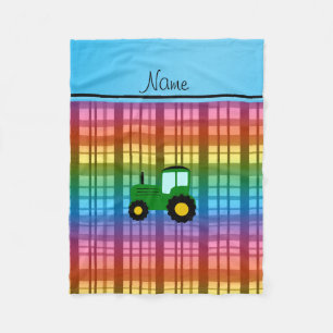 Personalized name green tractor rainbow plaid fleece blanket