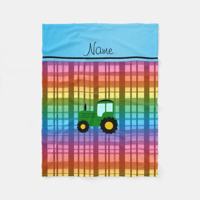Personalized name green tractor rainbow plaid fleece blanket (Front)