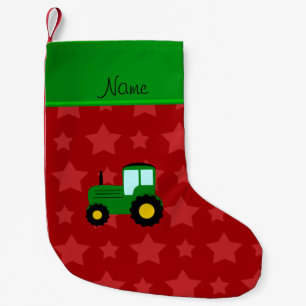 Personalized name green tractor red stars small christmas stocking