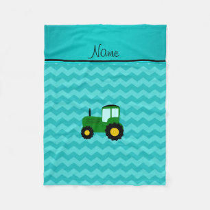 Personalized name green tractor turquoise chevrons fleece blanket