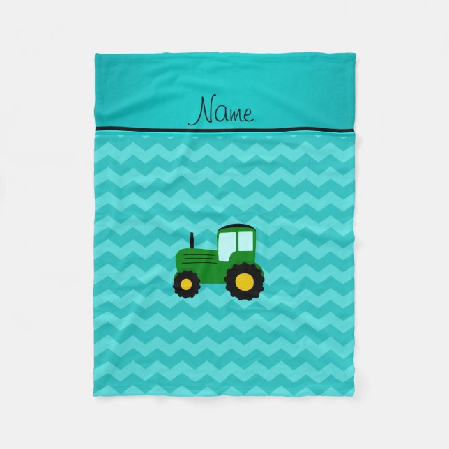 Personalized name green tractor turquoise chevrons fleece blanket (Front)
