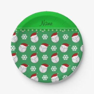 Personalized name green volleyballs santa hats paper plate
