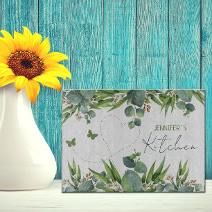 Personalized Name Green Watercolor Leaves Cutting Board