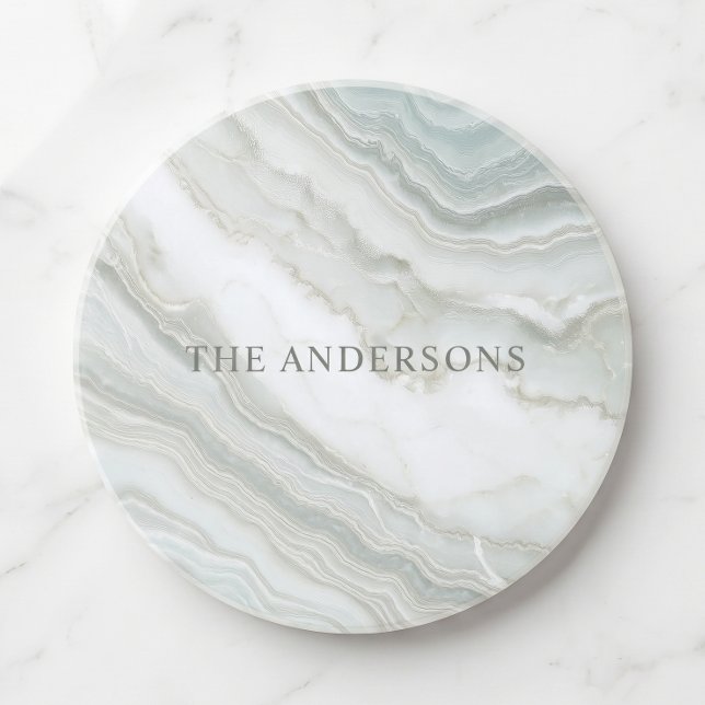 Personalized Name Green White Abstract Marble  Coaster (Elegant, modern, luxury, personalized name, faux marble coaster )