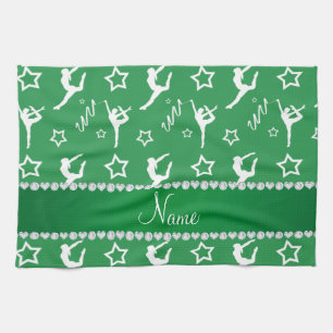 Personalized name green white gymnastics stars kitchen towel