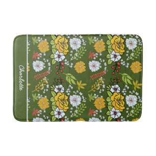 Personalized name greenery floral seamless pattern bath mat