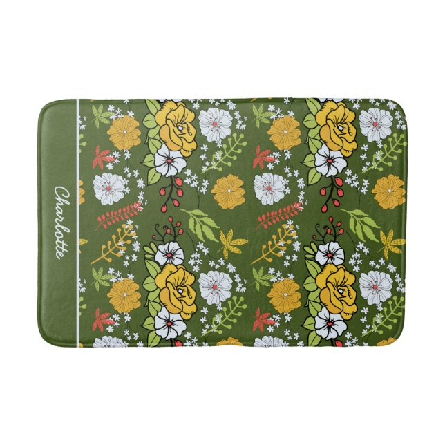 Personalized name greenery floral seamless pattern bath mat (Front)