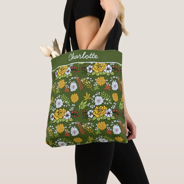 Personalized name greenery floral seamless pattern tote bag (Close Up)
