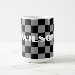 personalized name grey and black chequered coffee mug