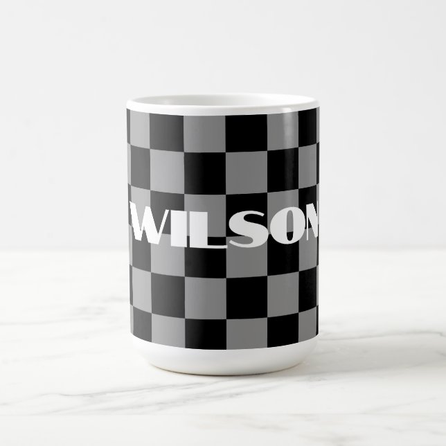 personalized name grey and black chequered  coffee mug (Center)