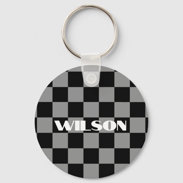 personalized name grey and black chequered  keychain (Front)