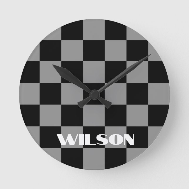 personalized name grey and black chequered  round clock (Front)