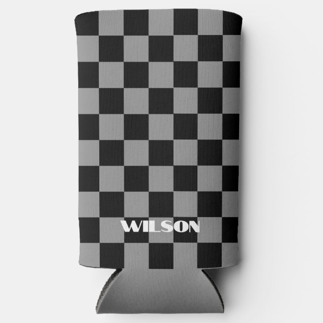 personalized name grey and black chequered  seltzer can cooler (Front)