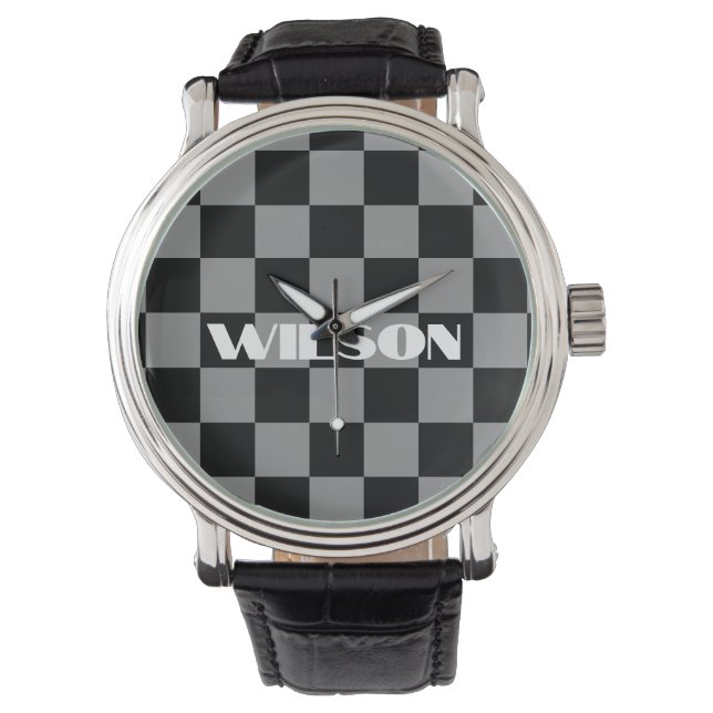 personalized name grey and black chequered  watch (Front)