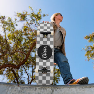  Personalized Name grey and white Chequerboard  Skateboard