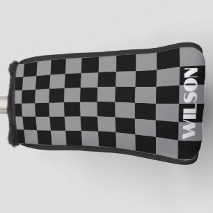 Personalized name grey &black chequered  golf head cover