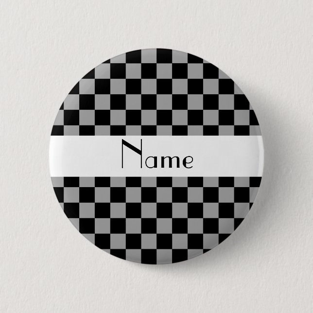 Personalized name grey checkers 2 inch round button (Front)
