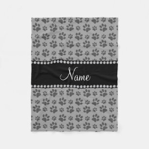 Personalized name grey dog paw prints fleece blanket