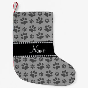 Personalized name grey dog paw prints small christmas stocking