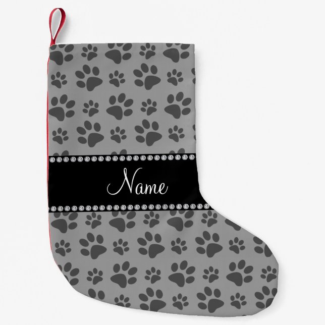 Personalized name grey dog paw prints small christmas stocking (Front)