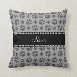 Personalized name grey dog paw prints throw pillow