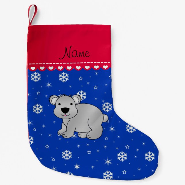 Personalized name grey koala blue snowflakes small christmas stocking (Front)