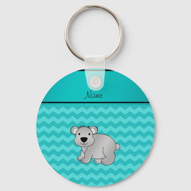 Personalized name grey koala turquoise chevrons keychain (Front)