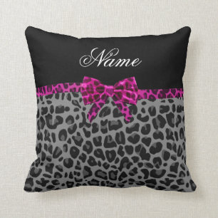 Personalized name grey leopard print pink bow throw pillow