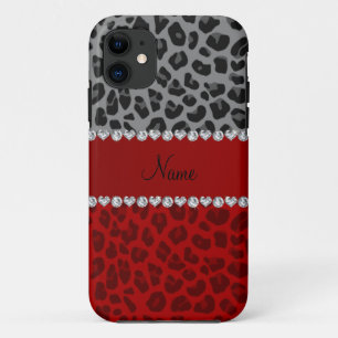 Personalized name grey red leopard pattern iPhone 11 case