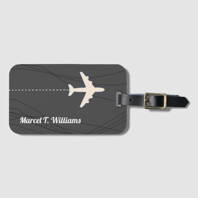personalized name grey travel airplane luggage tag (Front Horizontal)