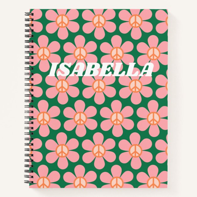Personalized Name Groovy Floral Peace School Notebook (Front)