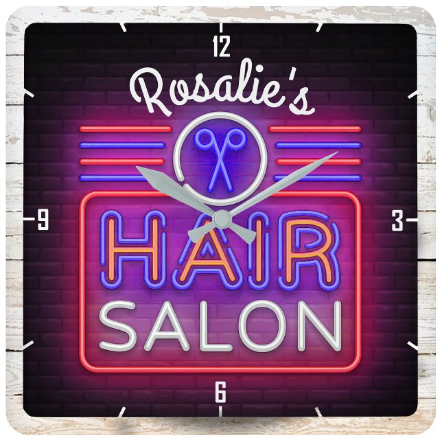 Personalized NAME Hair Salon Stylist Neon Style Square Wall Clock (Creator Uploaded)