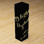 Personalized Name Happy Birthday Faux Gold Black Wine Box<br><div class="desc">Create your own custom, personalized, classy, beautiful elegant faux gold typography / script, cool black and grey chequered pattern, birthday wine / champagne gift box, with your personalized birthday wishes on the front and your custom note / message at the back. Made with sturdy 24 pt. cardstock, this wine box...</div>
