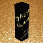 Personalized Name Happy Birthday Faux Gold Black Wine Box<br><div class="desc">Create your own custom, personalized, classy, beautiful elegant faux gold typography / script, cool black and grey chequered pattern, birthday wine / champagne gift box, with your personalized birthday wishes on the front and your custom note / message at the back. Made with sturdy 24 pt. cardstock, this wine box...</div>