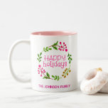 Personalized Name Happy Holidays Wreath Pink Two-Tone Coffee Mug<br><div class="desc">Personalized Name Happy Holidays Wreath Pink Mug</div>