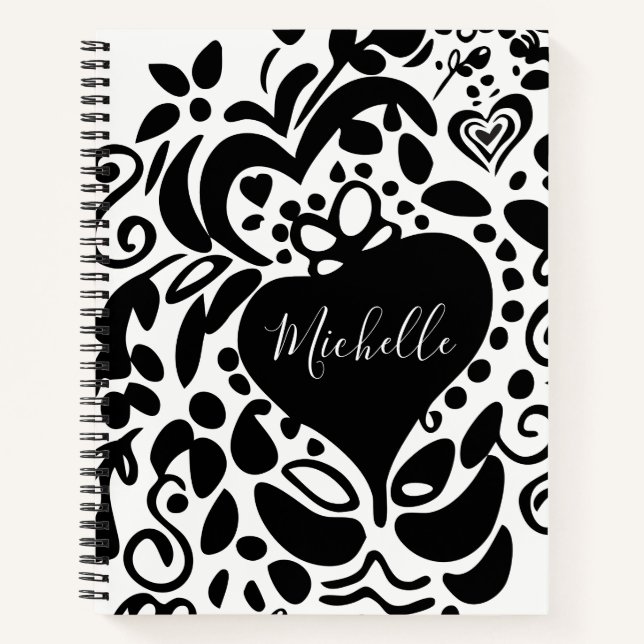 Personalized, Name, Heart, Leaves, Flowers Pattern Notebook (Front)