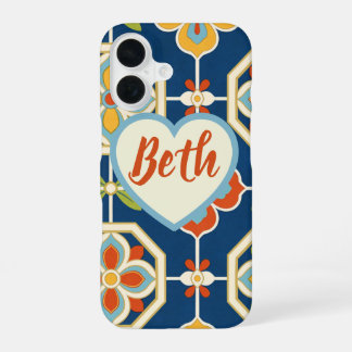 Personalized Name Heart Retro Art Deco Colourful iPhone 16 Case