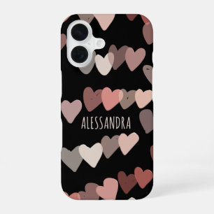 Personalized name hearts pattern black blush pink iPhone 16 case