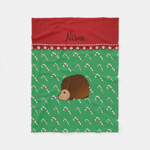 Personalized name hedgehog green candy canes fleece blanket