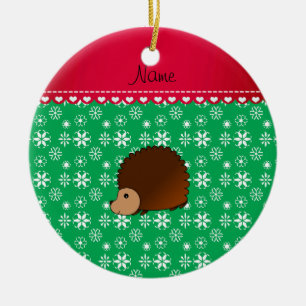 Personalized name hedgehog green snowflakes ceramic ornament