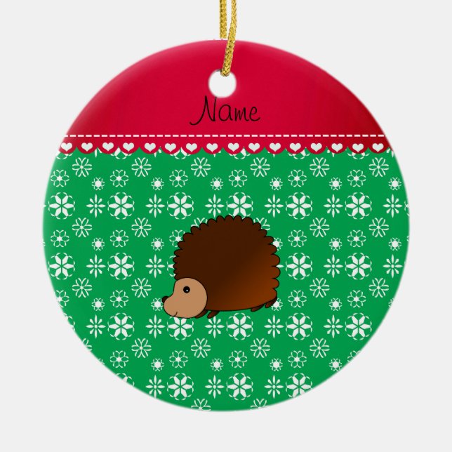 Personalized name hedgehog green snowflakes ceramic ornament (Front)
