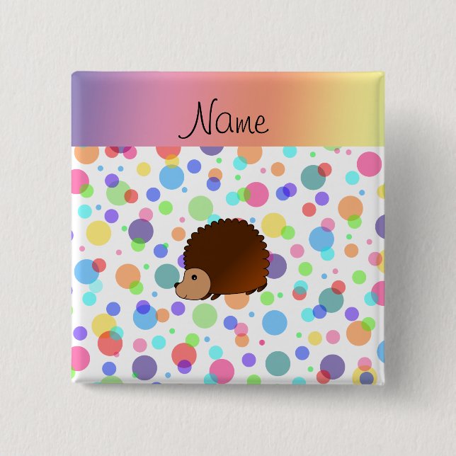 Personalized name hedgehog rainbow polkadots 2 inch square button (Front)