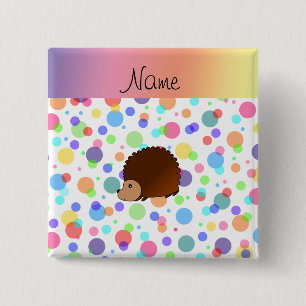 Personalized name hedgehog rainbow polkadots 2 inch square button