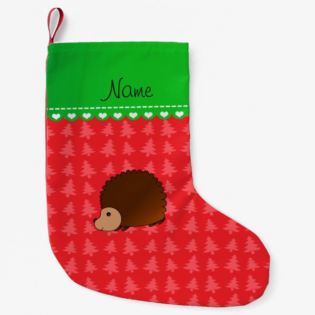 Personalized name hedgehog red Christmas trees Small Christmas Stocking (Front)
