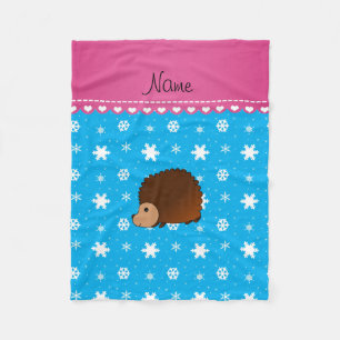 Personalized name hedgehog sky blue snowflakes fleece blanket