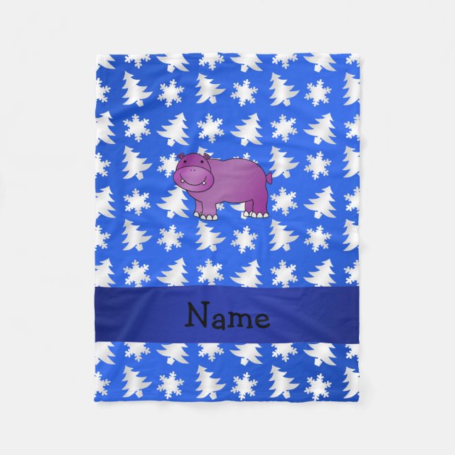 Personalized name hippo blue snowflakes trees fleece blanket (Front)