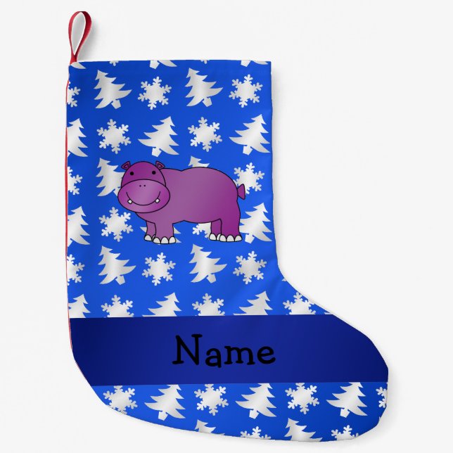 Personalized name hippo blue snowflakes trees small christmas stocking (Front)